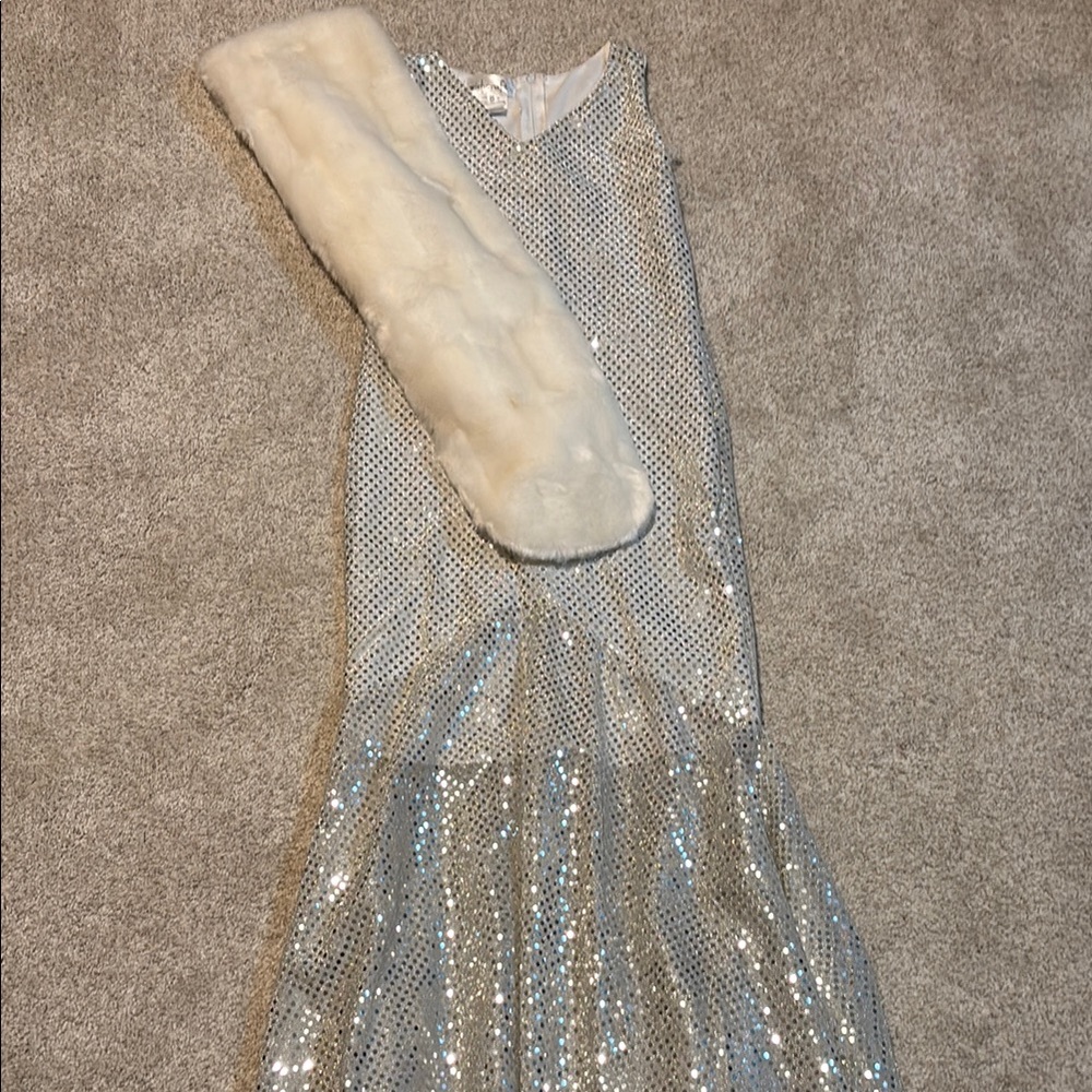 Disco/dance costume-Silver Sequin Dress with Faux Fur Stole